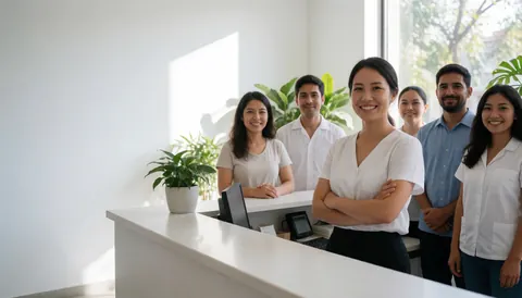 Smiling reception team at a modern white counter with plants and natural light.