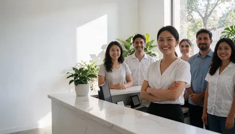 Smiling reception team at a modern white counter with plants and natural light.