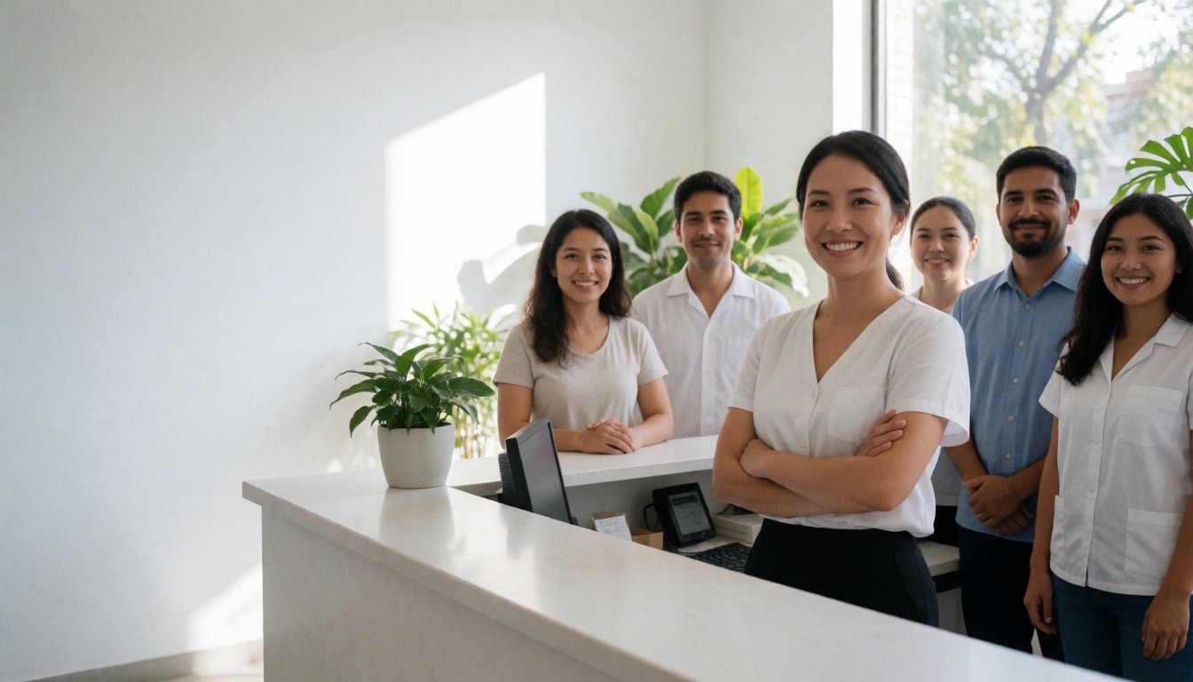 Smiling reception team at a modern white counter with plants and natural light.