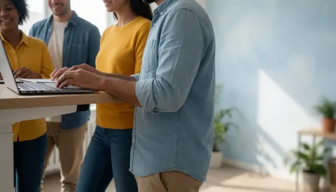 Four people working together on a laptop computer on a work desk.