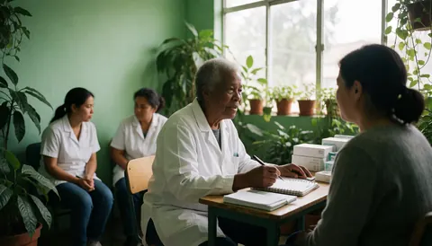An older psychologist attends to a patient seated across from him in a consultation room with green plants and natural light.