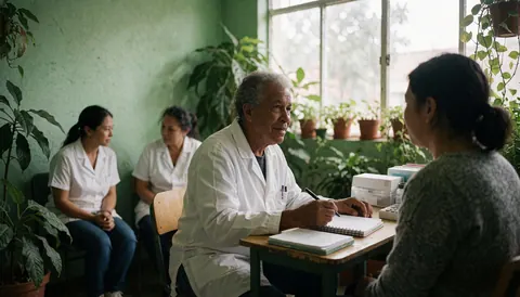 An older psychologist attends to a patient seated across from him in a consultation room with green plants and natural light.