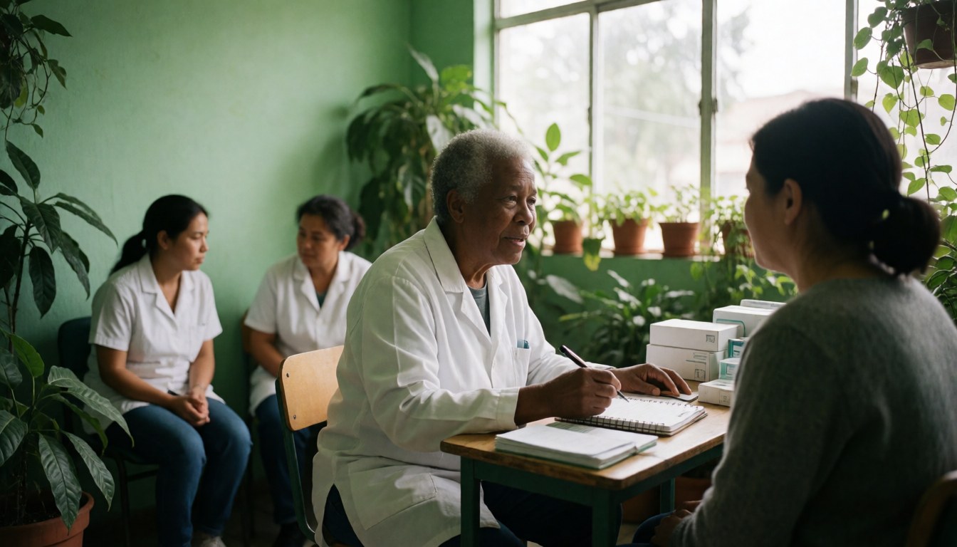 Senior therapist attends to patient in green clinic with plants while assistants wait in background near window