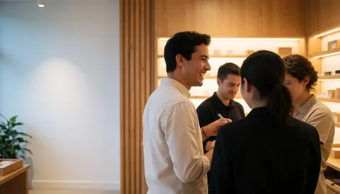 A smiling customer talking with staff in a modern optical store with wooden shelves and warm lighting.