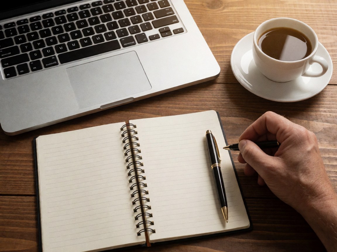 Wooden desk setup with open notebook, laptop, pen, and coffee cup for online courses or remote work