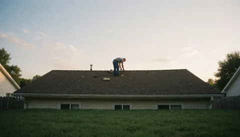 An adult man working on a residential roof with golden sunset light and green lawn in the foreground, ideal for maintenance services.