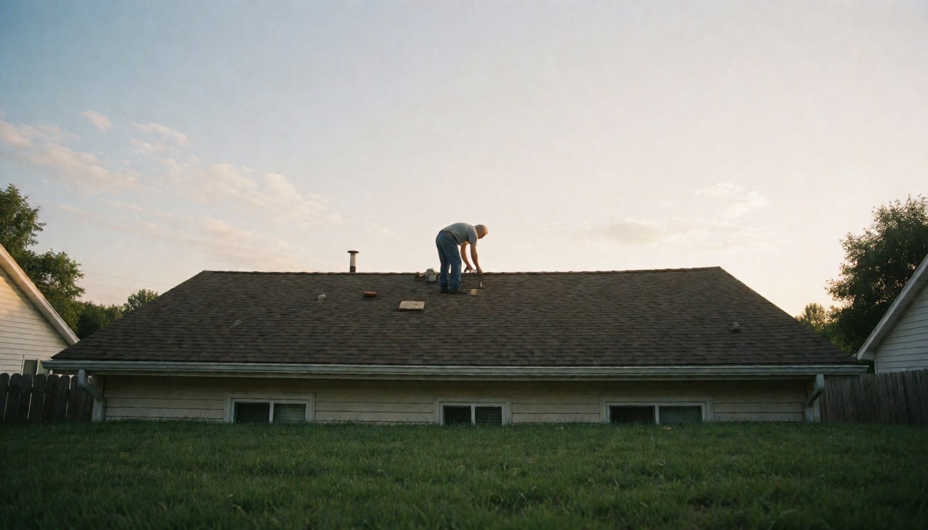 An adult man working on a residential roof with golden sunset light and green lawn in the foreground, ideal for maintenance services.
