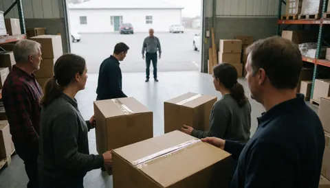 Team of workers loading moving boxes in a warehouse while an older man supervises from the entrance
