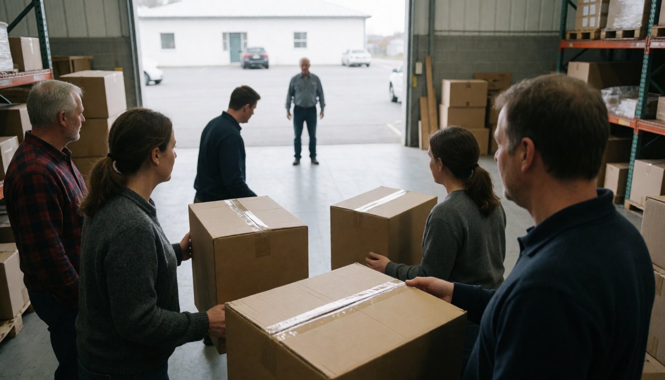 Team of workers loading moving boxes in a warehouse while an older man supervises from the entrance