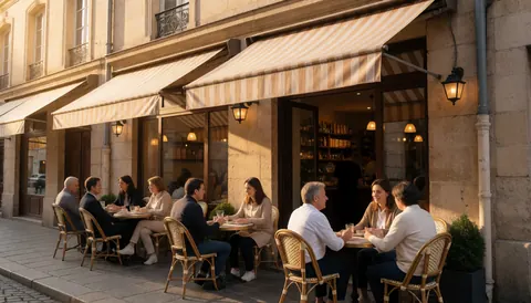 Patrons enjoying sunset light at an outdoor cafe terrace with wicker chairs and tables on the sidewalk