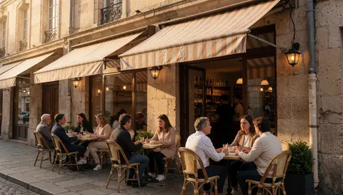 Patrons enjoying sunset light at an outdoor cafe terrace with wicker chairs and tables on the sidewalk