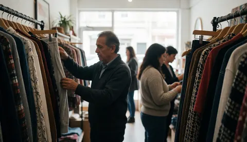 An older man examines garments in a clothing store with other shoppers in the background creating a warm atmosphere