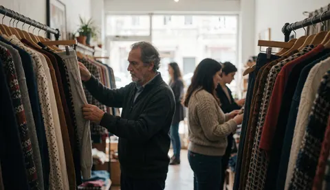 An older man examines garments in a clothing store with other shoppers in the background creating a warm atmosphere