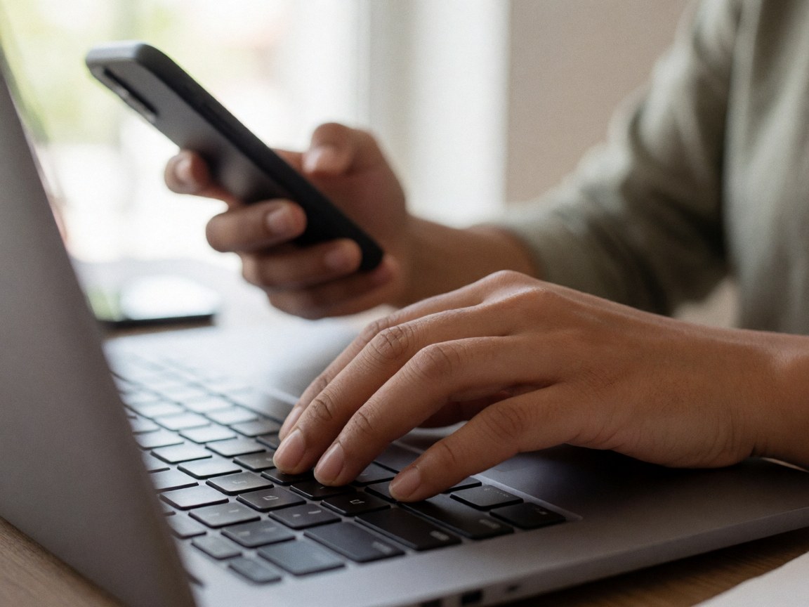 Close-up of a woman's hands typing on a laptop keyboard while holding a smartphone in a bright office setting