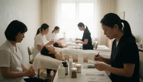 Interior view of a beauty clinic where staff members are performing facial treatments on clients lying on beds with products visible on a table