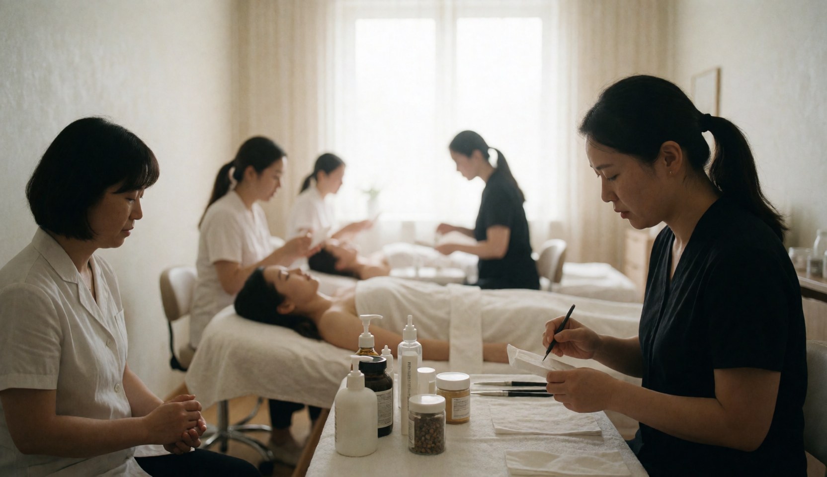 Interior view of a beauty clinic where staff members are performing facial treatments on clients lying on beds with products visible on a table