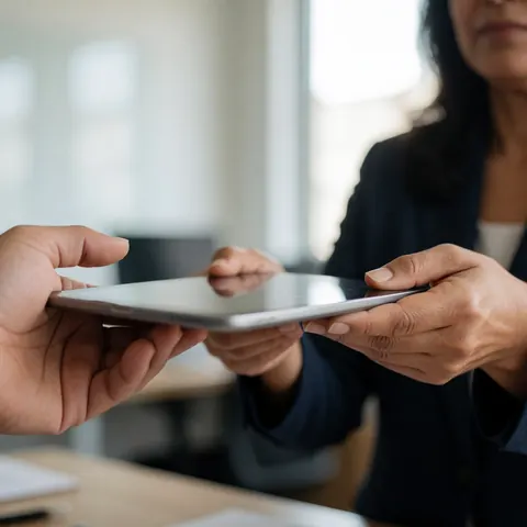 Professional woman hands a tablet to a client in a modern office setting with natural light