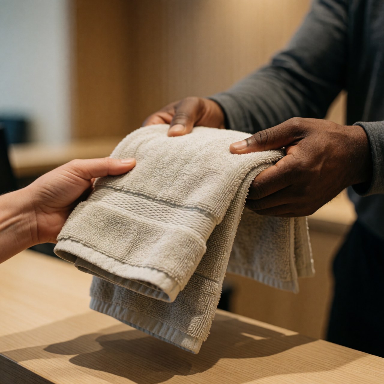 A person receives a clean towel from an employee's hands in a modern gym with wooden furniture.
