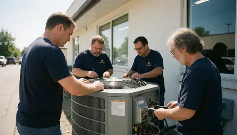Four technicians work together repairing an air conditioning unit outside a building.