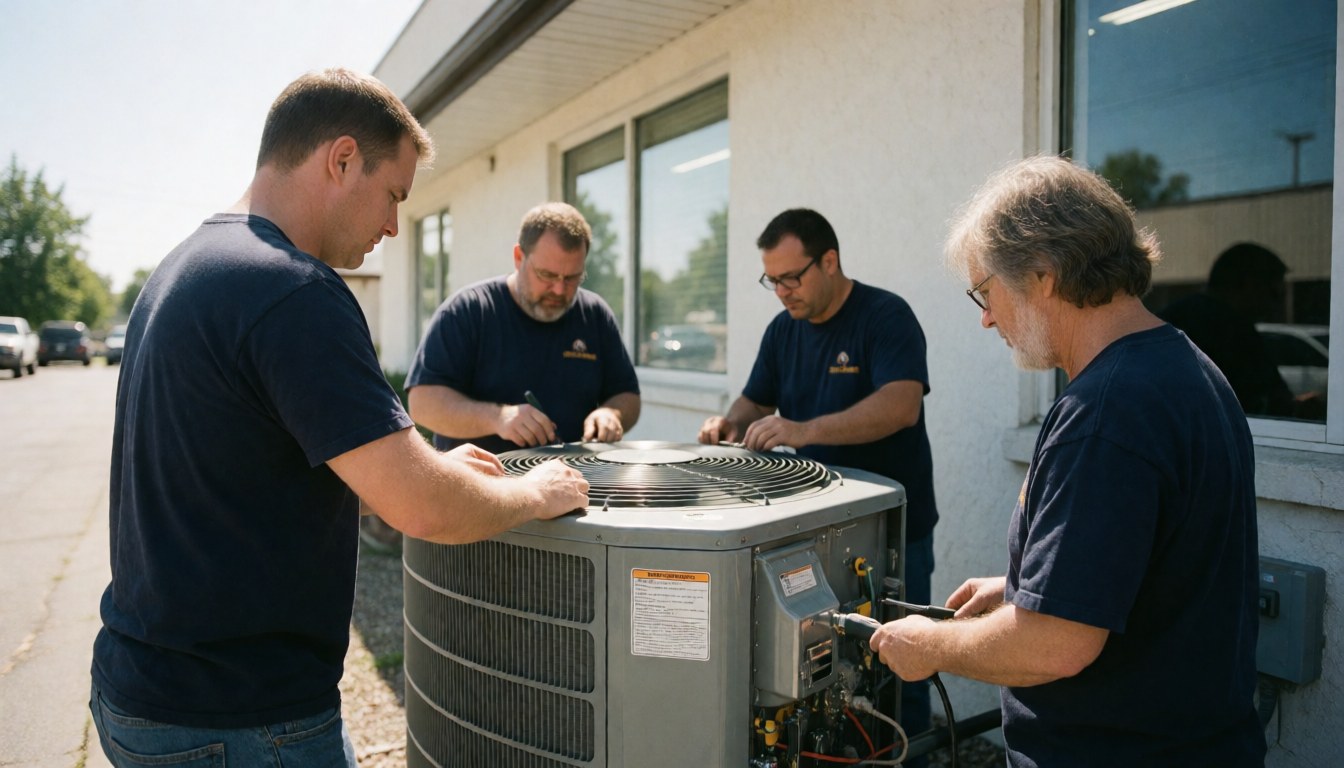 Four technicians work together repairing an air conditioning unit outside a building.