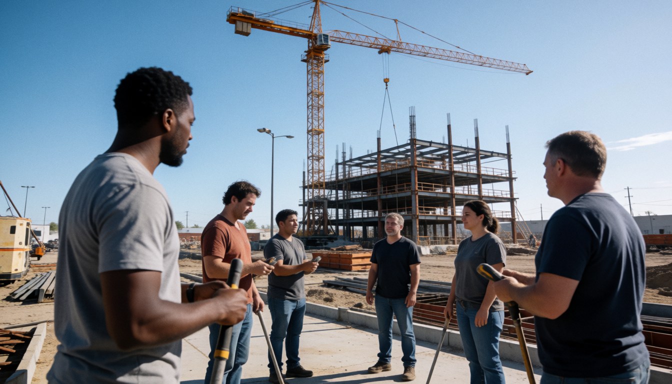 Diverse team of construction workers on a commercial site with a yellow crane and metal structure under a clear blue sky