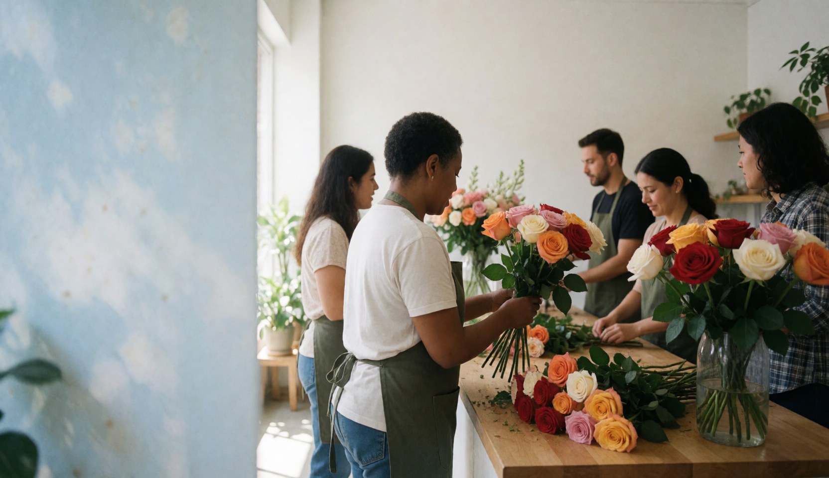 A modern flower shop interior with people arranging colorful rose bouquets at a wooden counter under natural light