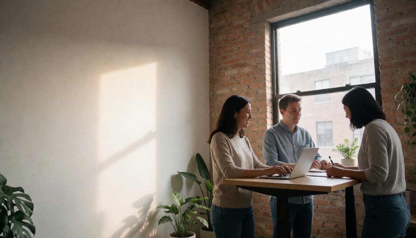Three people working together at a desk in a coworking space with laptop, brick wall and green plants.