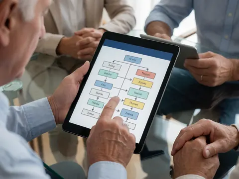 Group of men in a work meeting, one pointing at a diagram on a tablet.