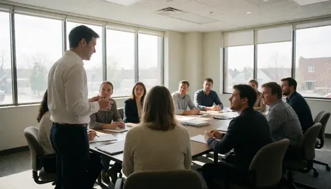 A group of professionals in an office meeting, one speaking while others listen attentively around a table.