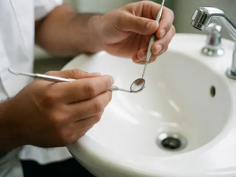 a dentist holds dental tools over a white sink in a dental clinic.