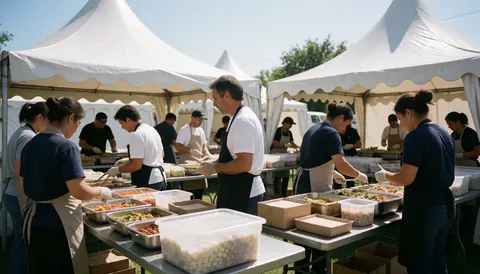 Multiple people serving food at long tables under white tents at an outdoor event.