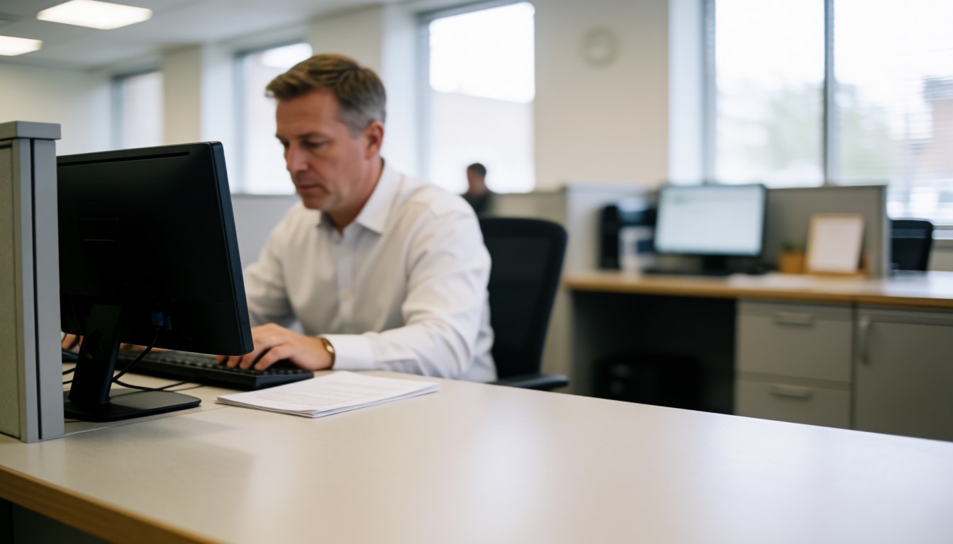 An adult man working on a computer in an office with desks and windows.