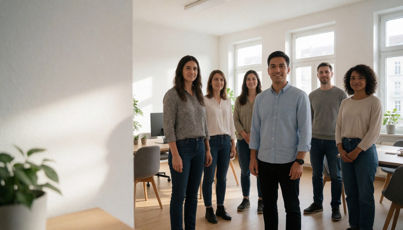 Group of diverse professionals in a spacious bright office with modern furniture and plants