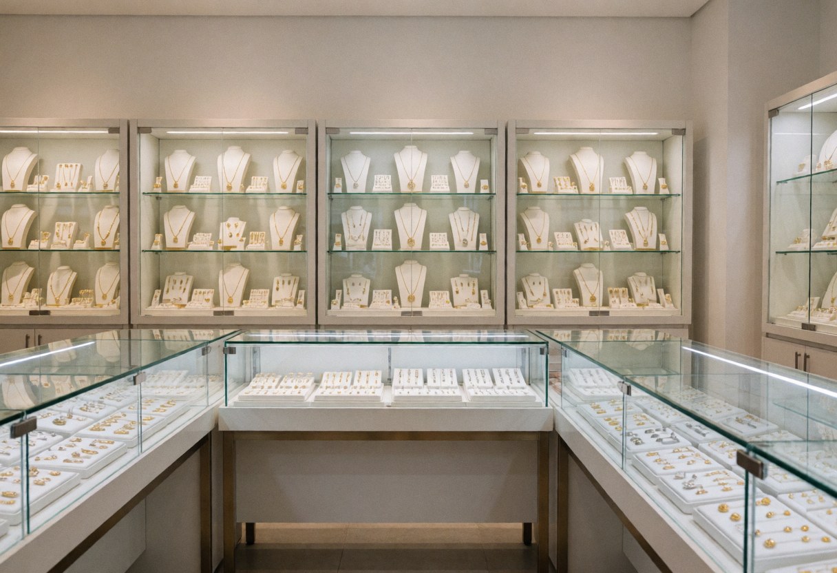 Display cases with necklaces and rings on exhibit in an elegant jewelry store.