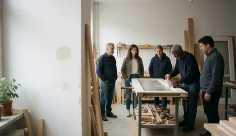 Five people observe and work in a carpentry workshop with wooden planks and tools.