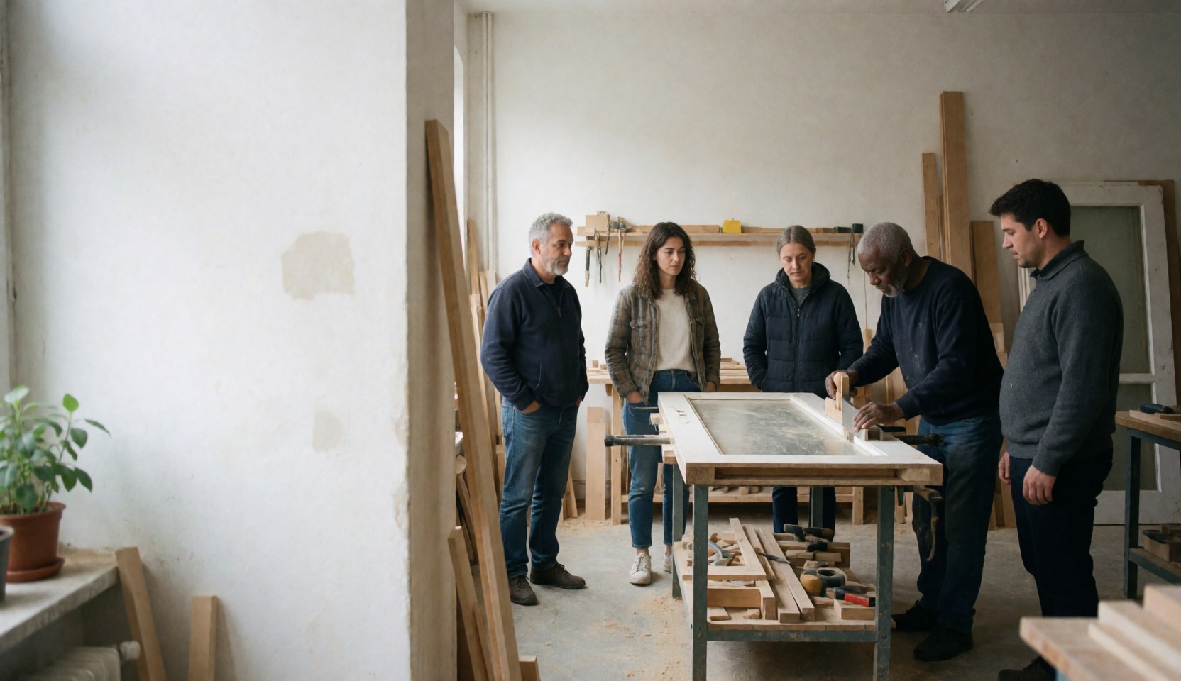 Five people observe and work in a carpentry workshop with wooden planks and tools.