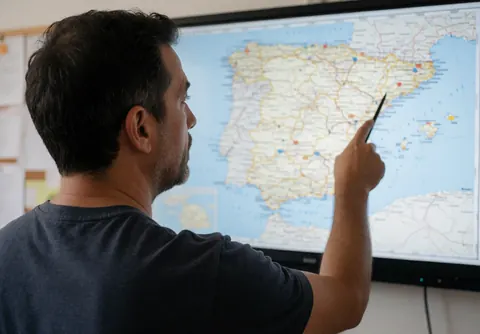 A language instructor points to a map of Spain on a screen while explaining geography or pronunciation to students in a classroom setting.