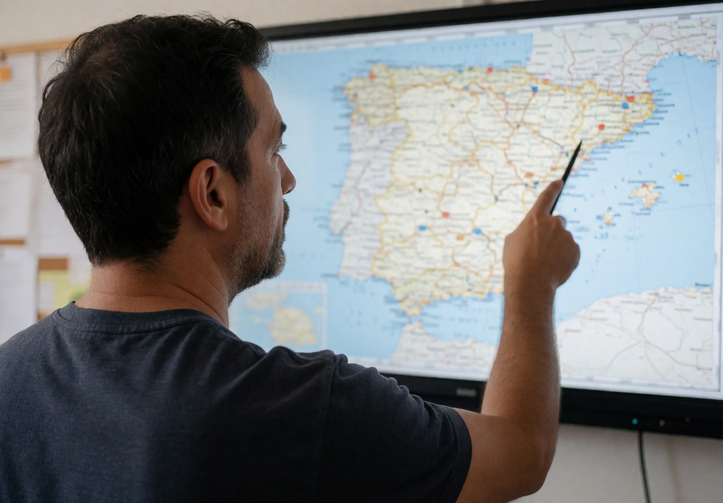 A language instructor points to a map of Spain on a screen while explaining geography or pronunciation to students in a classroom setting.