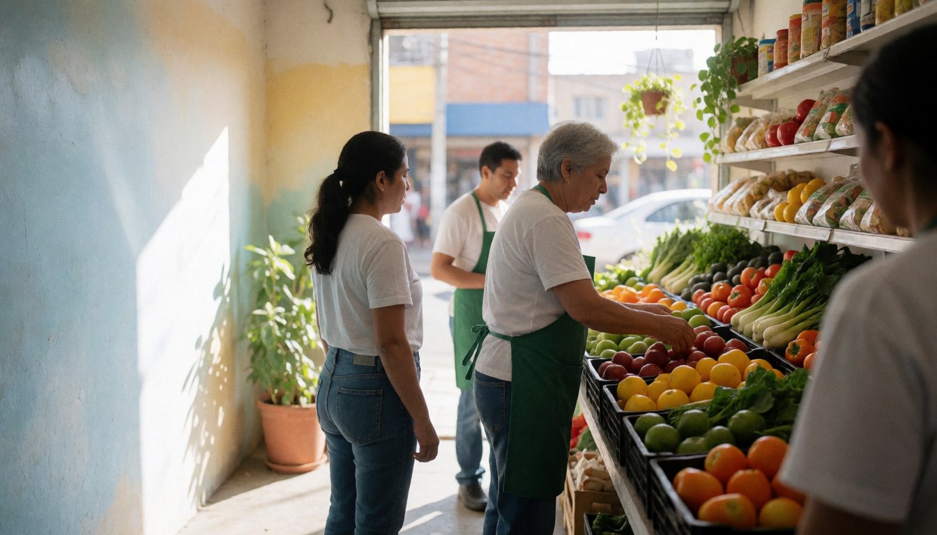 Customer choosing fresh fruits and vegetables at a minimarket with employees assisting.