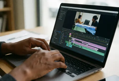 A person works on a laptop editing a video with an editing interface visible on the screen.
