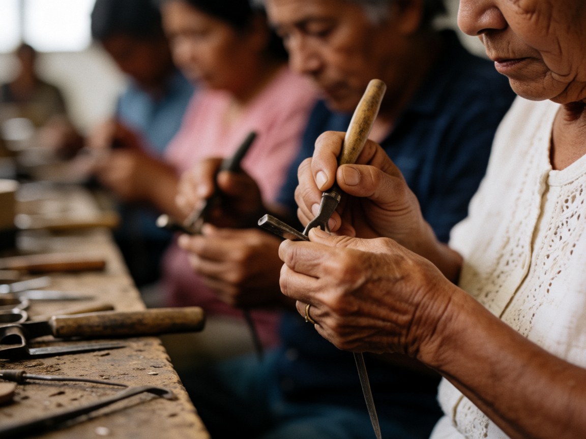 Detailed view of hands working with tools in a workshop, highlighting manual craftsmanship and precision.