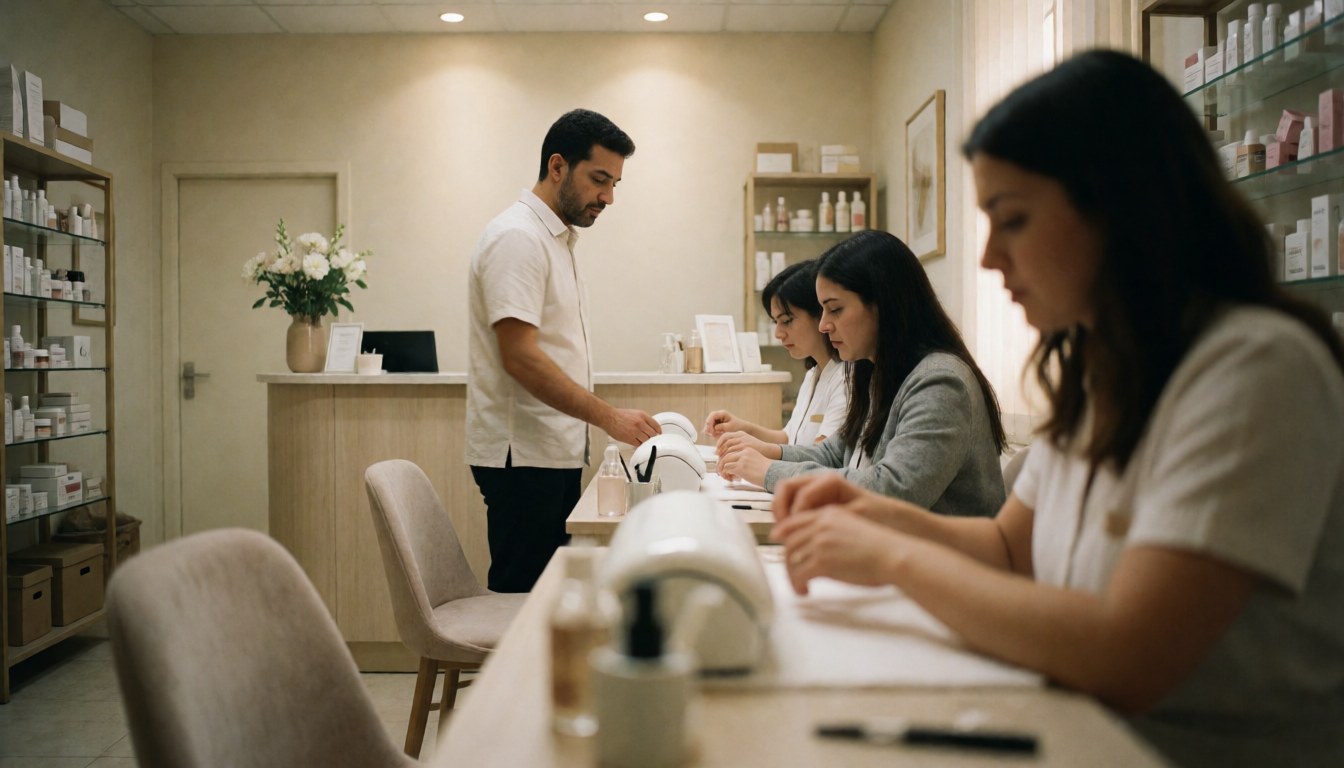 Interior view of a nail salon featuring clients seated at manicure tables, a staff member near the reception desk, and shelves stocked with nail care products