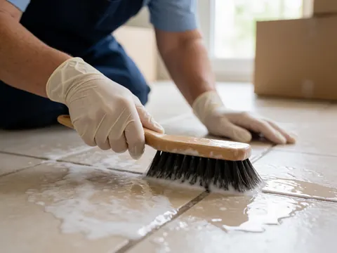Close-up of a person wearing gloves using a brush and soapy water to clean tile grout during professional cleaning