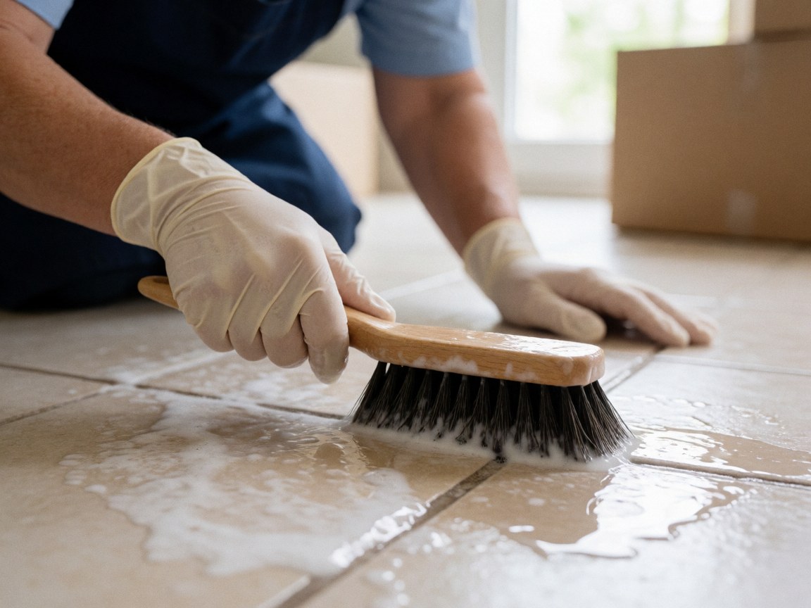 Close-up of a person wearing gloves using a brush and soapy water to clean tile grout during professional cleaning