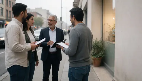 Four insurance advisors standing on an urban sidewalk discussing documents and portfolios with blurred buildings and traffic in the background