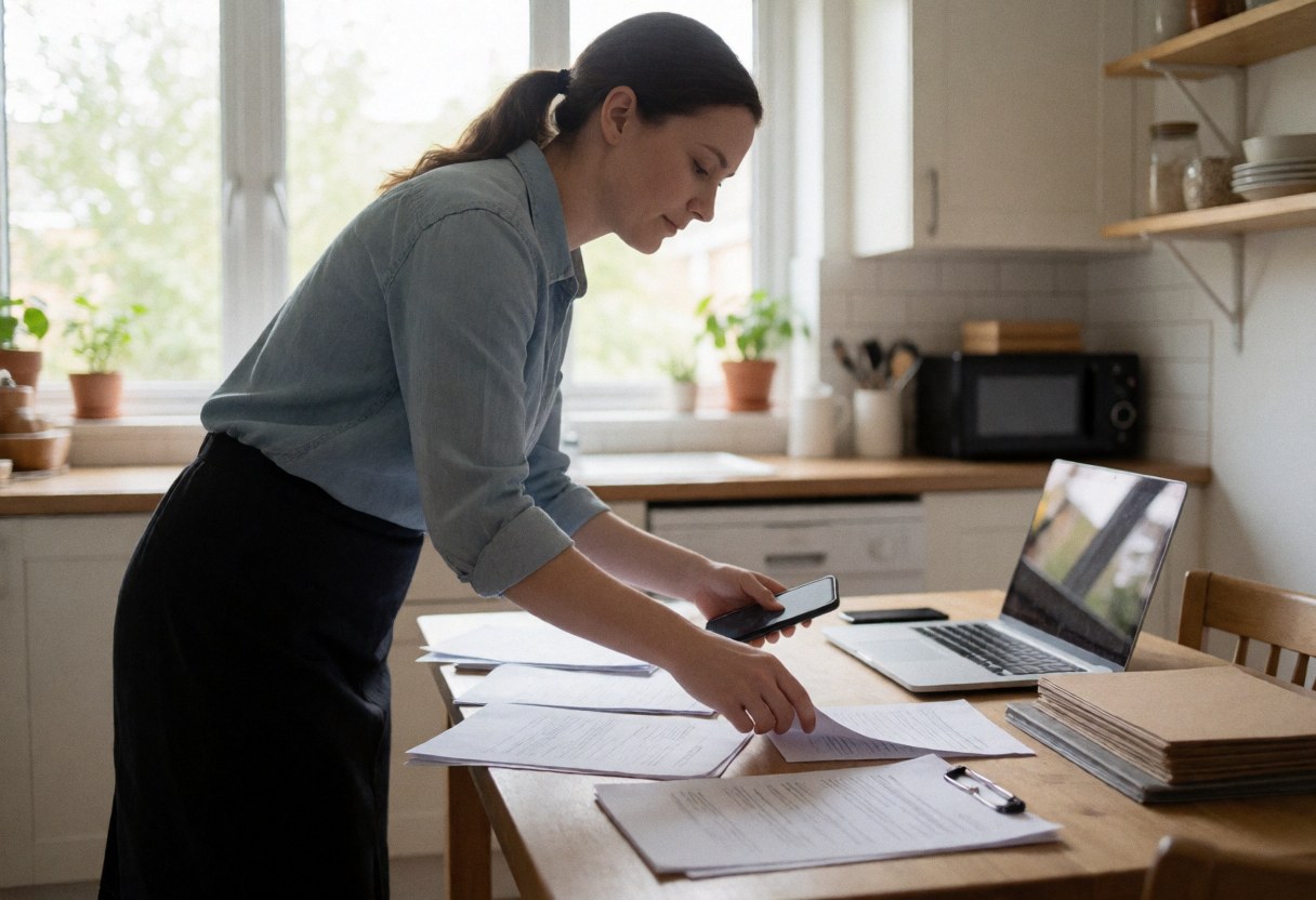 Young woman organizing papers on a wooden kitchen table while using her smartphone and laptop for remote work