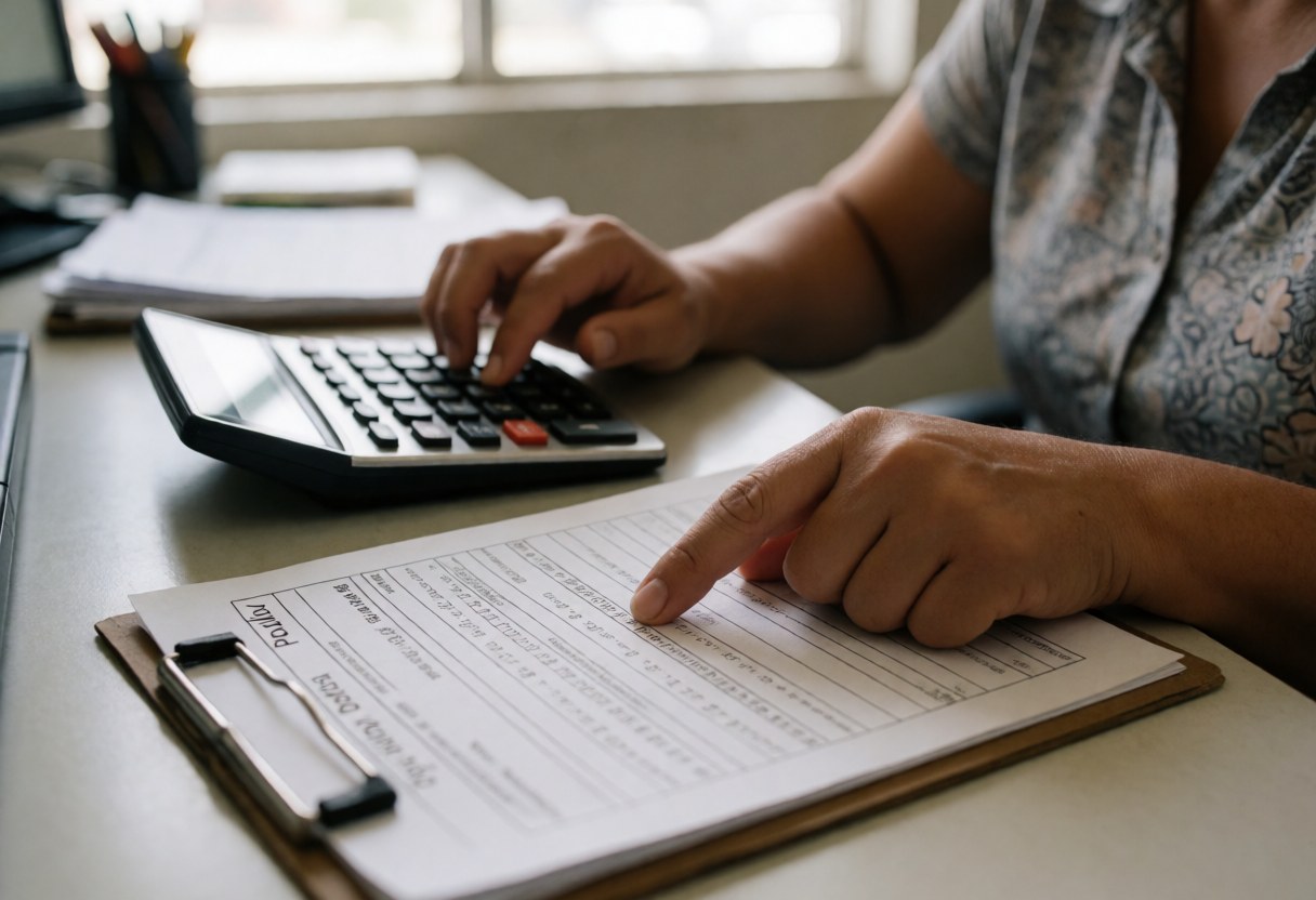 Professional woman in office using calculator and pointing at figures on an insurance form