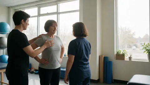 Physical therapist assisting a woman with stretching exercises in a bright treatment room with therapy balls and blankets