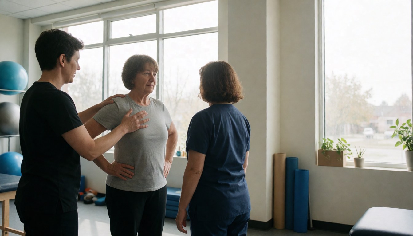 Physical therapist assisting a woman with stretching exercises in a bright treatment room with therapy balls and blankets