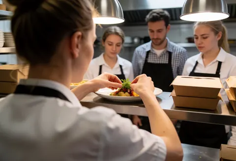 A chef carefully plates a dish in a bright open kitchen while staff observe the preparation process.